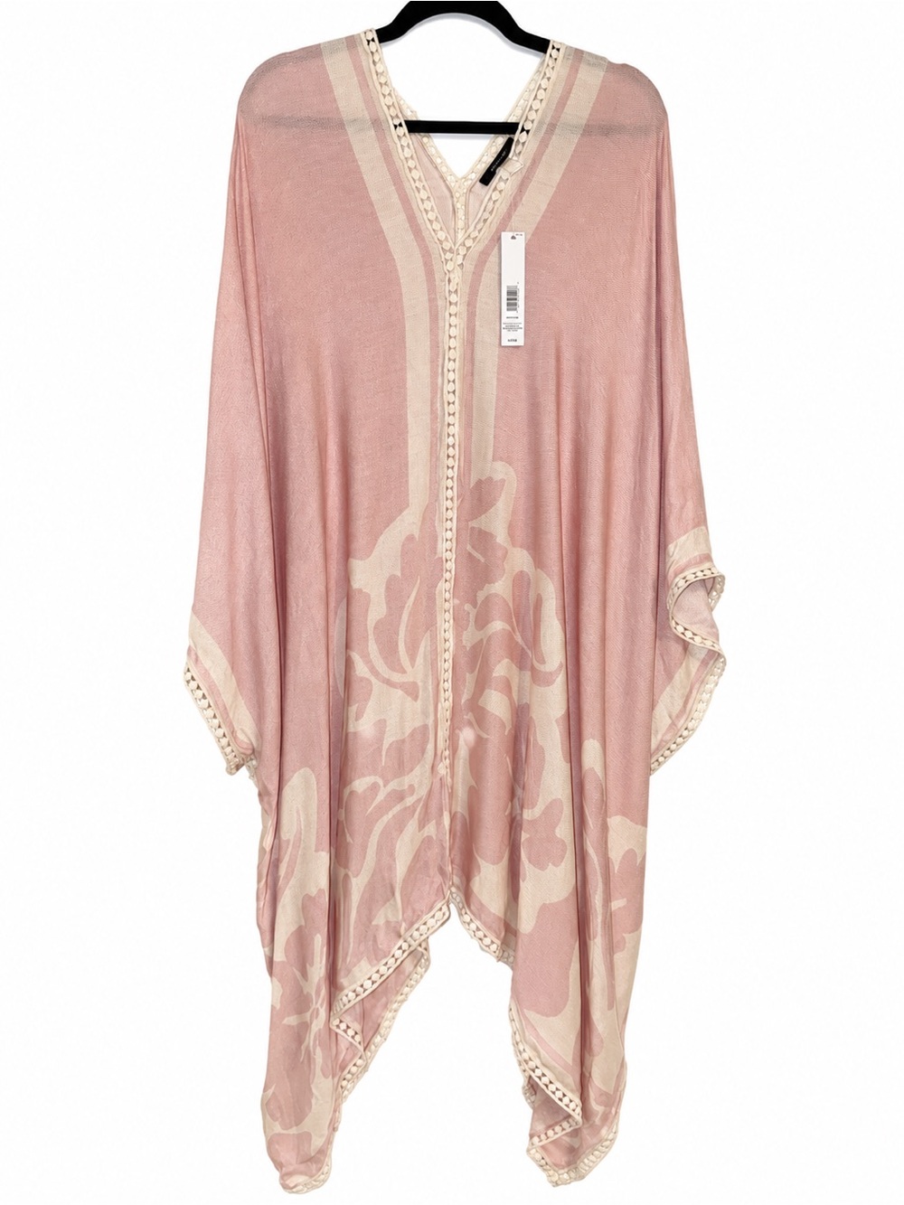 🆕 Tahari Floral Kaftan Swim Cover Up One Size Pink Cream Crochet Trim